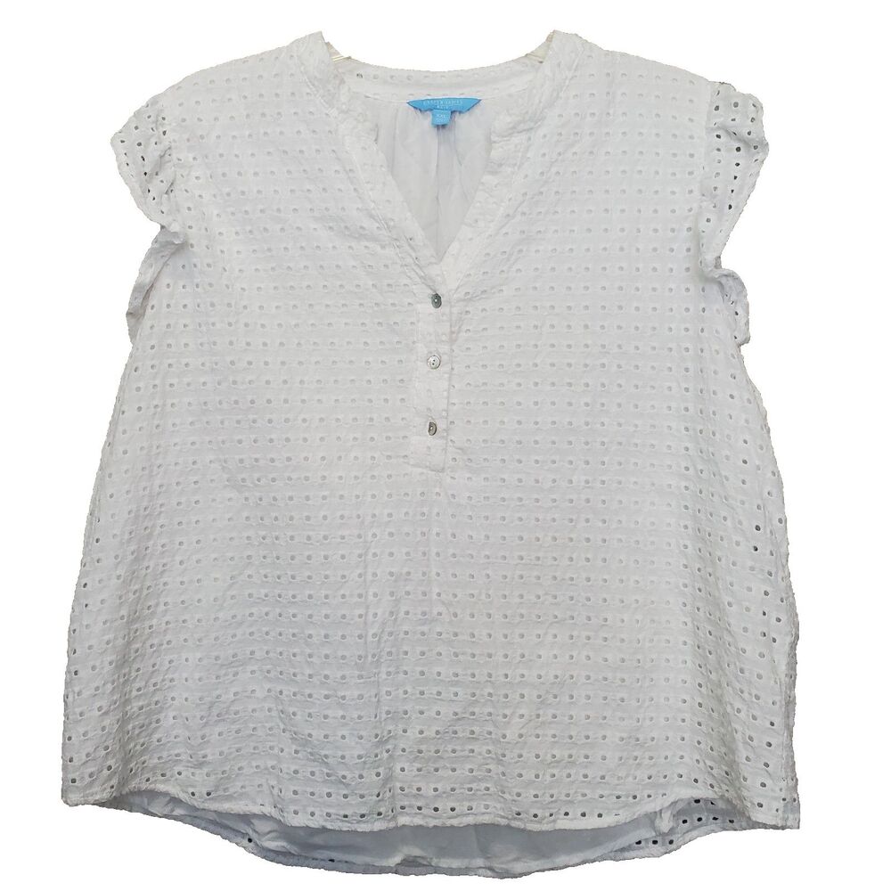 Draper James White Ruffle Sleeve Eyelet Lined Henley Popover Top Size XXL